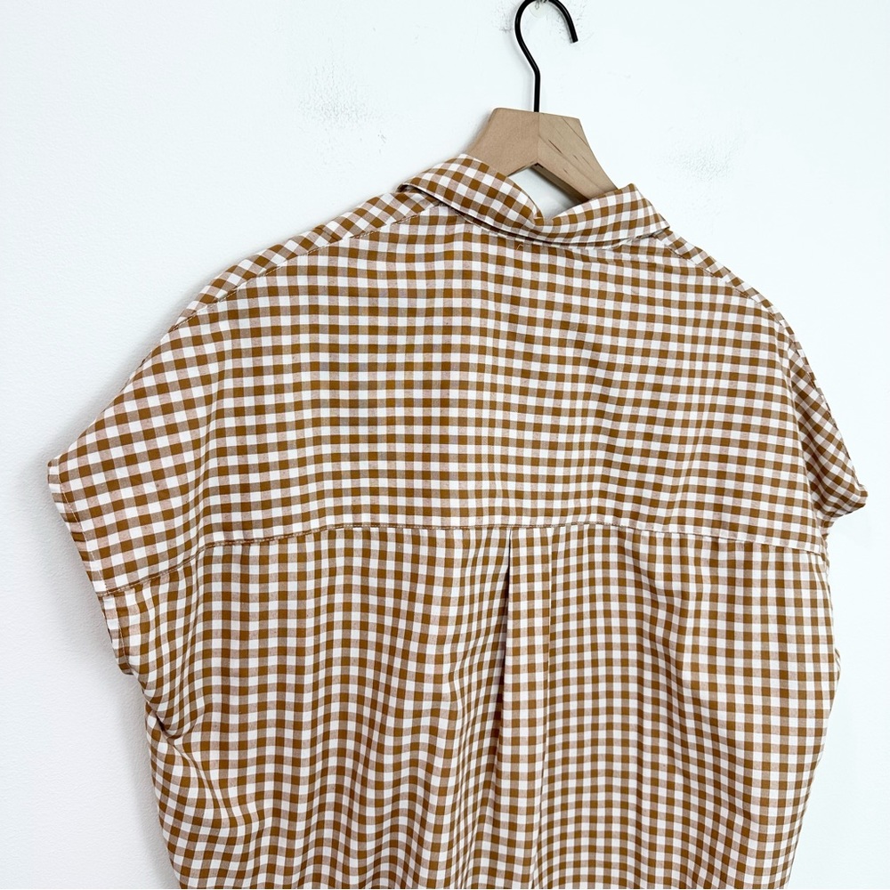 French Connection Gingham Plaid Split Popover Shirt Tan White Size small - Picture 3 of 5